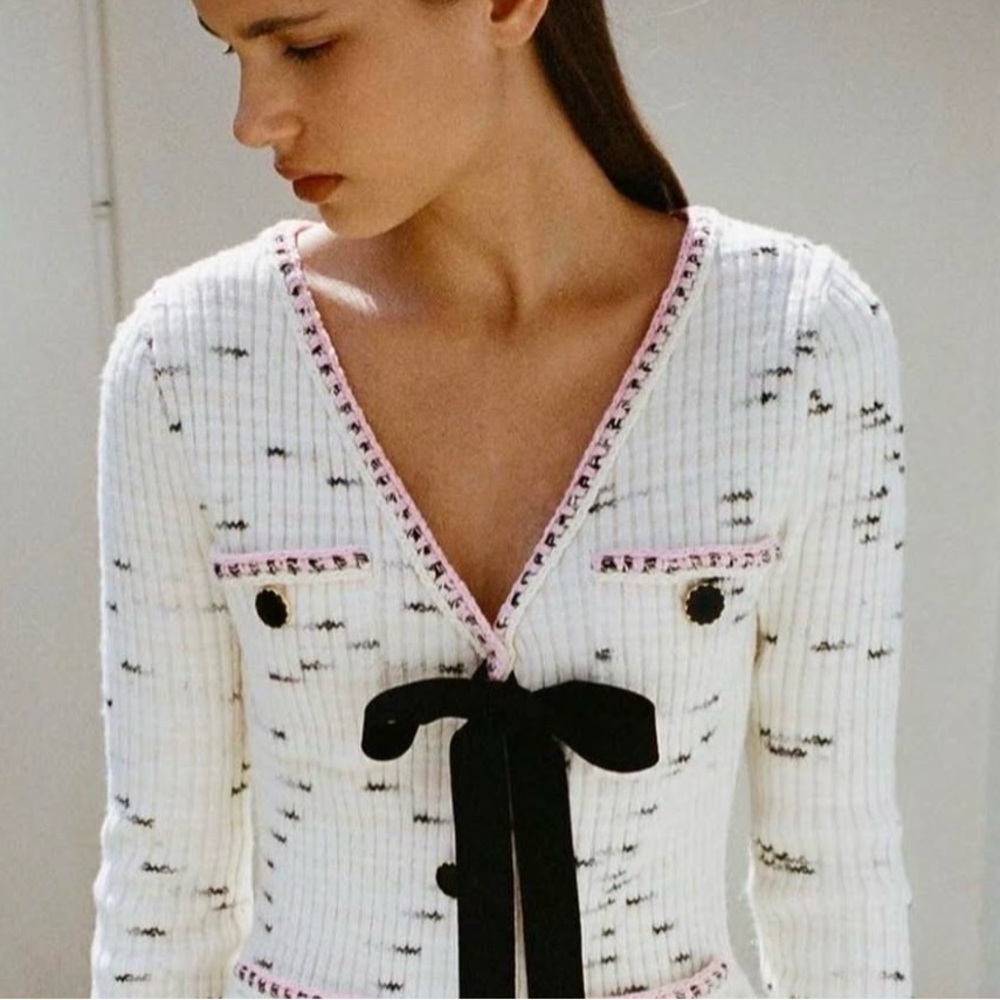 Self Portrait Ivory Contrast Yarn Button Down Cardigan